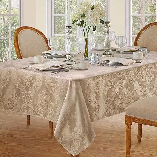 Newbridge Barcelona Luxury Damask Fabric Tablecloth, 60” Wide x 84” Rectangle, Golden Beige, 100% Polyester, No Iron, Soil Resistant Dining Room, Party and Banquet Table Cover