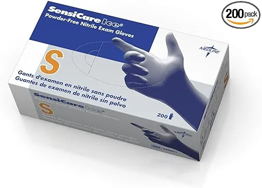 Medline SensiCare 200 Nitrile Exam Gloves, Disposable, Powder-Free, Blue, Small, Box of 200