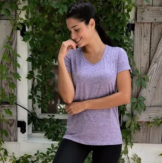 Real Essentials 5 Pack: Women's Short Sleeve V-Neck Activewear T-Shirt Dry-Fit Wicking Yoga Top (Available in Plus)