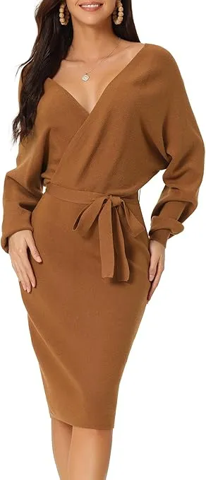Seta T Women's V Neck Wrap Sweater Dress Batwing Sleeve Backless Midi Knit Dress with Belted