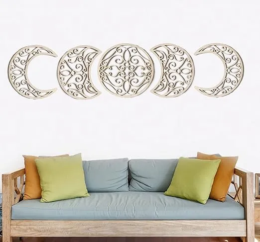 LMONMOO Moon Decoration Wall Decor - 5 Pieces Moon Phase Wall Hanging Decor Moon Wall Art Decoration Boho Bedroom Decor Spiritual Home Wall Decoration (Wood color)