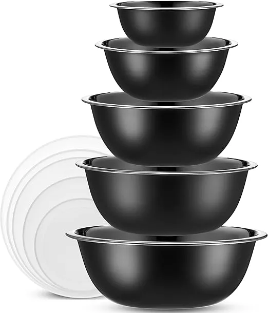 WHYSKO Stainless Steel Mixing Bowls With Lids Set, 5 Sizes Nesting Mixing Bowls for Your Kitchen Meal Prep, Cooking, Baking, and Food Storage (Black Bowls with White Lids)