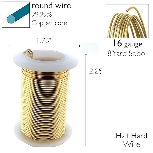 The Beadsmith Wire Elements 16-Gauge Lacquered Tarnish-Resistant Copper Wire for Jewelry Making, 8 Yard, 7.32 Meter Spool (Gold Color)