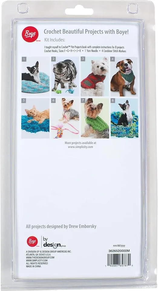 Boye Pet Clothes Learn to Crochet Kit for Beginners, Makes 8 Projects, US Sizes F Through K, Multicolor 12 Piece