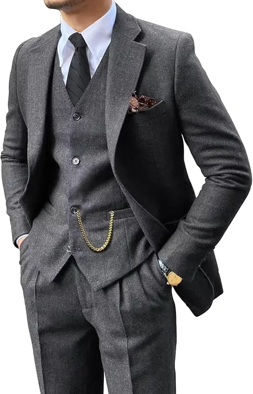 Retro 3 Piece Suit Tweed Herringbone Men's Suits Slim Fit Groom Tuxedos Set Prom Brown Grey Jacket Blazer Vest Pants