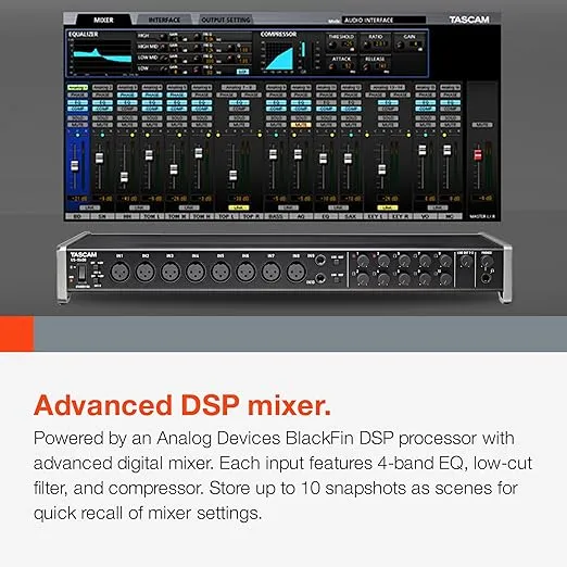Tascam US-16x08 Rackmount USB Audio/MIDI Interface for Recording, Drum Recording, 8 XLR/8 1/4" Inputs, 8 Outputs, Control Software,Black