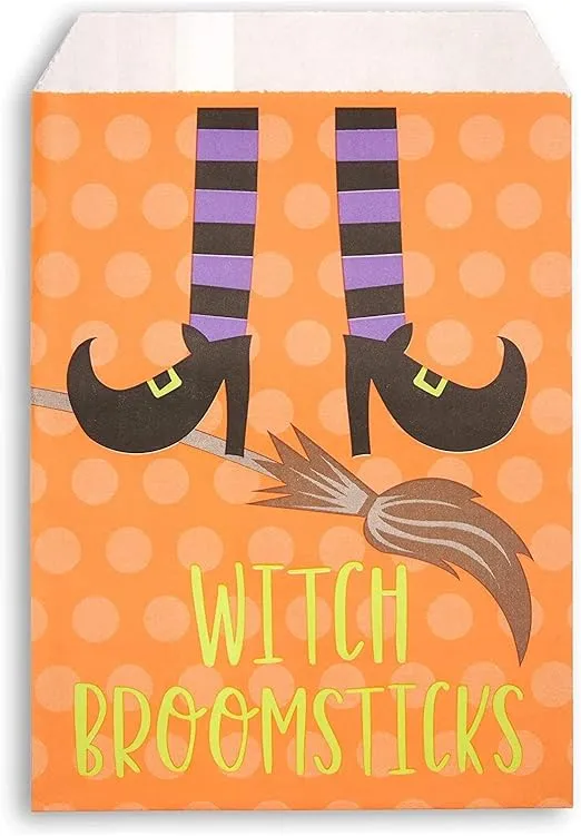 BLUE PANDA 100 Pack Halloween Paper Bags, Small Paper Halloween Treat Bags, Bulk Goody Bags for Candy, and Favors, 4 Designs, Vampire Teeth, Witch Broomsticks, Bag of Bones, Spider Eggs (8 x 5 In)