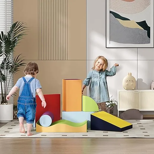 Soozier 7 Piece Soft Play Blocks Kids Climb and Crawl Gym Toy Foam Building and Stacking Blocks Learning Play Set Educational Software Activity Toy Brick Baby Soft Climbing Block Contemporary