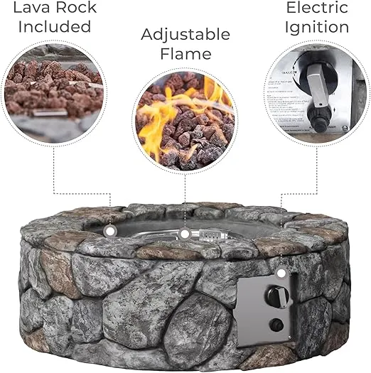 Teamson Home 28 in. Outdoor Round Propane Gas Smokeless Fire Pit with Sturdy Faux Stacked Stone Base, Quick Ignition and Weather-Resistant PVC Cover, Gray