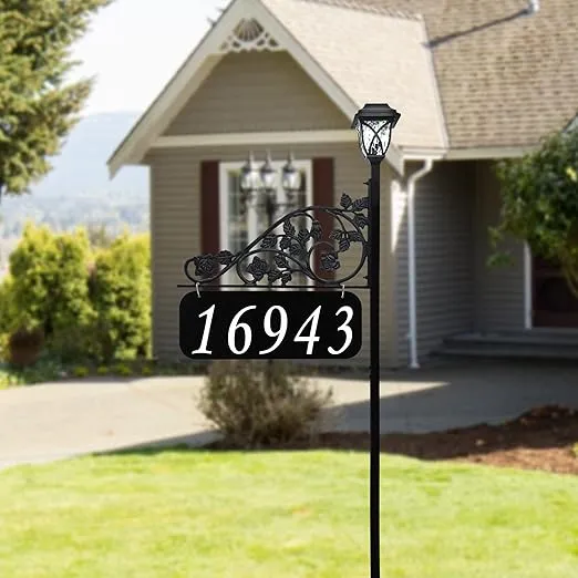 USA Handcrafted Rose Reflective Double Sided Address Sign with Solar Light- 58" Pole - SL