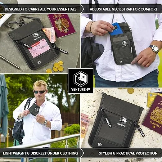 VENTURE 4TH Travel Neck Wallet with RFID Blocking – Passport Holder for Travel Women and Men, Secure Neck Pouch for Keeping Documents Safe