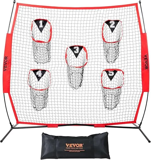 VEVOR Football Trainer Training Practice 5 Target Pockets, Knotless Net Includes Bow Frame and Portable Carry Case, Improve QB Throwing Accuracy, Red