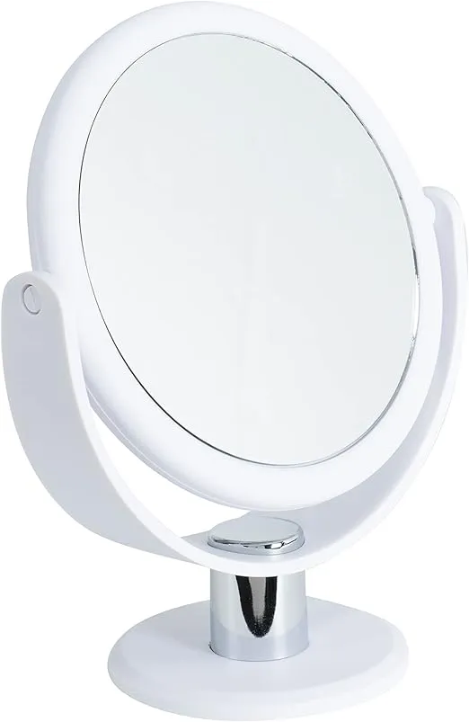 Bath Bliss Double Sided Free Standing Swivel Vanity Mirror, Regular & 10X’s Magnification, Make-up & Shaving Use, Tabletop, Rubberized, White