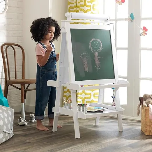 KidKraft Deluxe Wooden Easel with Chalkboard and Dry Erase Surfaces, Paper Roll and Paint Cups - White, Gift for Ages 3+