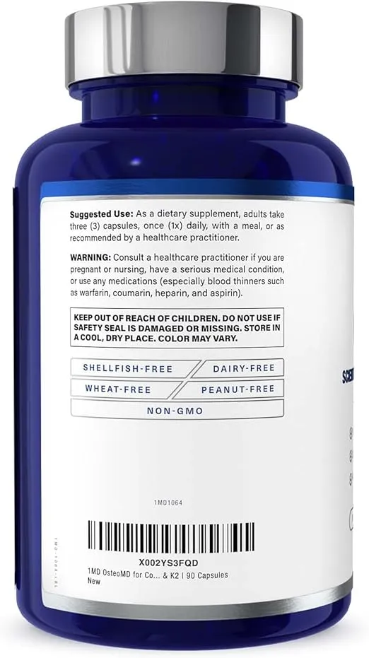 1MD Nutrition OsteoMD for Comprehensive Support - Supplement for Women and Men - Promote Density w/Vitamin D - Hydroxyapatite w/Vitamin D3 & K2-90 Capsules