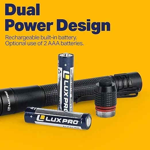 LUXPRO Dual Power Rechargeable Focusing LED Penlight Flashlight with Pocket Clip, 360 Lumen, USB Cable