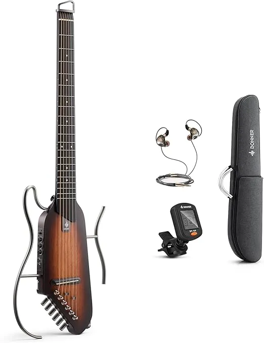 Donner HUSH-I Guitar For Travel - Portable Ultra-Light and Quiet Performance Headless Acoustic-Electric Guitar, Mahogany Body with Removable Frames, Gig Bag, and Accessories Natural