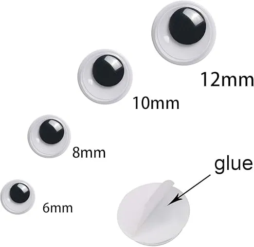 UPINS 500 Pcs Black Wiggle Googly Eyes with Self-Adhesive, 6mm 8mm 10 mm 12mm Mixed Packaging