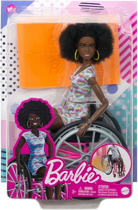 Barbie Fashionistas Doll #194 with Natural Black Hair, Plus Wheelchair & Ramp, Wearing Rainbow Heart Romper & Accessories Including Shoes & Hoop Earrings