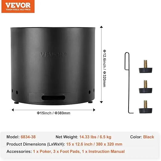 VEVOR 15 inch Smokeless Fire Pit Stove Bonfire, Wood Burning Fireplaces with Removable Ash Pan, SUS430 Stainless Steel Inner Portable Outdoor Firepit, Ideal for Outdoor Patio Camping High 12.6 inch