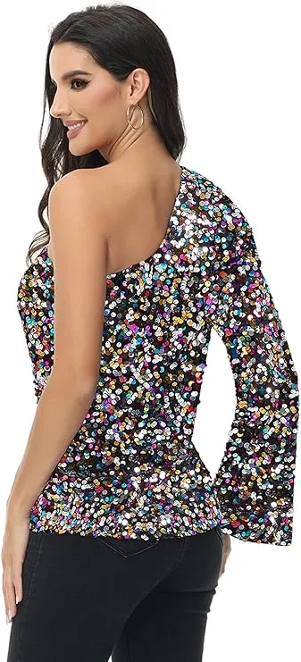 Anna-Kaci Women's Sparkly Sequin Party Tops Long Sleeve One Shoulder Top Blouse Shirts