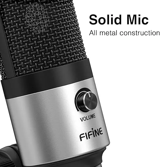 FIFINE USB Microphone for Zoom Video Meeting Online Class on PC Computer, Metal Condenser Desktop Mic with Gain Control for Windows and Mac, Silver - K669S
