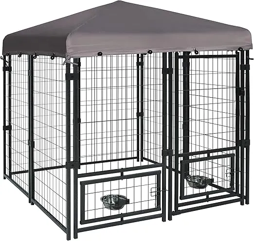 VEIKOU Dog Kennel Outdoor Dog House with Upgarded Canopy, Heavy Duty Dog Kennel w/Rotate Feeding Doors, Powder Coated Steel Frame Dog Fences for Yard Lawn Deck, 4.5' x 4.5' x 4.8'
