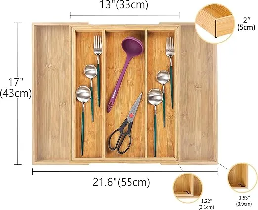Utoplike Bamboo Expandable Kitchen Drawer Organizer, Adjustable Utensil Holder and Cutlery Tray Organiser, Drawer Divider for Silverware, Flatware, Knives in Kitchen, Bedroom, Living Room