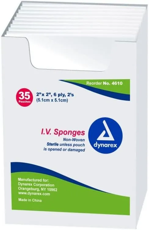 Dynarex Sterile Non-Woven IV Sponges, 2" x 2", 6 Ply