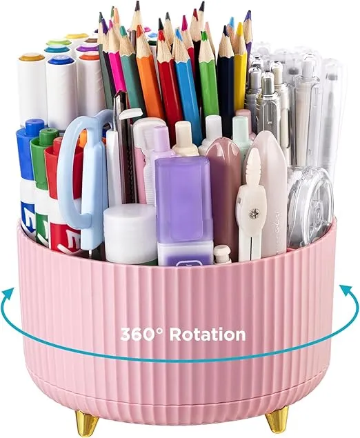 HBlife Pencil Pen Holder for Desk, 5 Slots 360° Degree Rotating Desk Organizers and Accessories, Desktop Storage Stationery Supplies Cute Pencil Cup Pot for Office, School, Home, Art Supply, Pink
