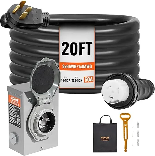 VEVOR 50 Amp Generator Cord and Power Inlet Box Kit, 20FT Generator Extension Cord NEMA 14-50P/SS2-50R STW 6/3+8/1 AWG with Twist Lock Connector, Pre-Drilled Inlet Box, ETL Listed