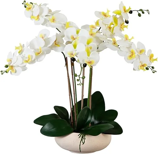 Nearly Natural 23-in Artificial Phalaenopsis Orchid Flower Arrangement in White Ceramic Decorative Planter, Fake Orchids That Look Real for Home & Office Décor, White Real Touch Petals