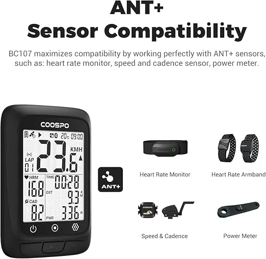 COOSPO Bike Computer GPS Wireless, ANT+ Cycling Computer GPS with Bluetooth, Multifunctional ANT+ Bicycle Computer GPS with 2.4 LCD Screen, Bike Speedometer with Auto Backlight IP67