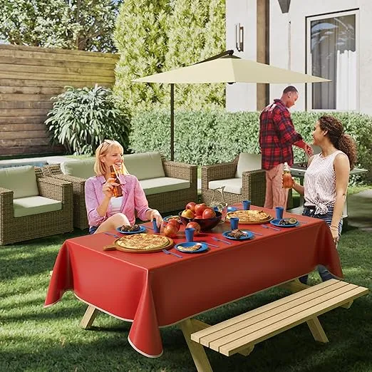 Red Vinyl Tablecloths - 54 In. x 70 In. - Pack Of 1 Rectangle Tablecloth - Black Flannel Backed Vinyl Tablecloths For Rectangle Tables - Plastic Table Cloths With Flannel Backing - Waterproof