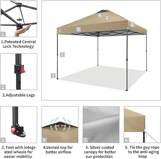 CROWN SHADES 10x10 Pop Up Canopy - Beach Tent with One Push Setup - Outdoor Canopy Tent with STO-N-Go Cover Bag for Events, Parties, Silver Coated Top, 3 Height & 4 Sand Bags,Khaki