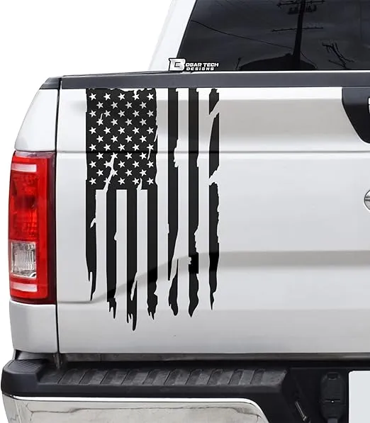 BOGAR TECH DESIGNS Precut Distressed American Flag Side Rear Tailgate Decal Sticker fits Most Pick Up Trucks, Matte Black