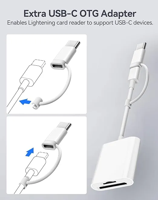 SD Card Reader for iPhone iPad, Dual Lightning & USB-C Connector Memory SD Card Adapter, Support SD/MicroSD Cards, High-Speed Digital Trail Camera to iPhone Viewer, Plug and Play - White