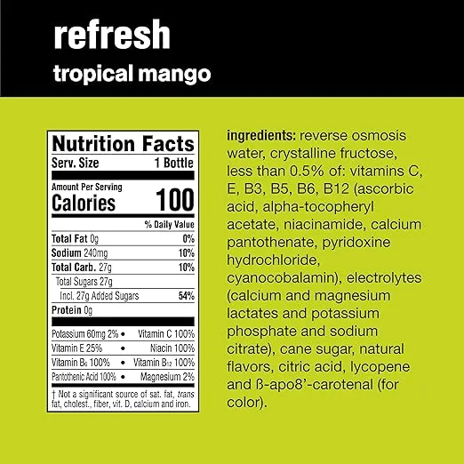 vitaminwater refresh electrolyte enhanced water w/vitamins, tropical mango drinks, 20 fl oz, 12 Pack
