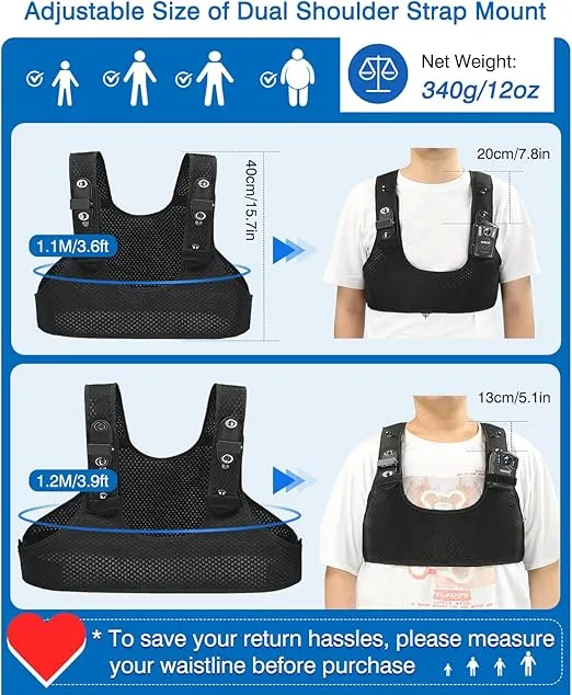 BOBLOV Body Camera Chest Mount, Dual Shoulder Vest for All Body Camera, Body Camera Harness, Durable Compact Velcro Wearing with Adjustable Size, Support Max 1.2m/3.9ft and Min 1.1m/3.6ft Chest Size