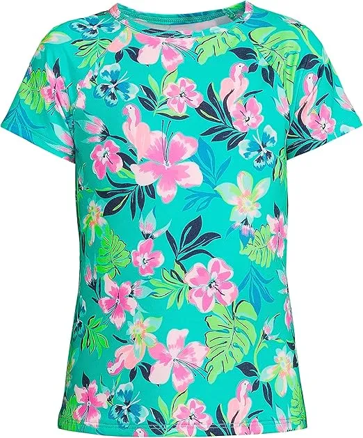 Lands' End G SS Crewneck Rash Guard Jewel Green Tropic Print Kids Medium