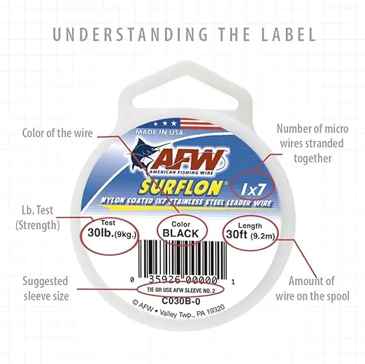 American Fishing Wire Surflon Nylon Coated 1x7 Stainless Steel Leader Wire - Fishing Leader Line for Saltwater, 10lb Test - 250lb Test in Bright, Black, Camo in 30ft, 100ft, 300ft and 1,000ft Lengths