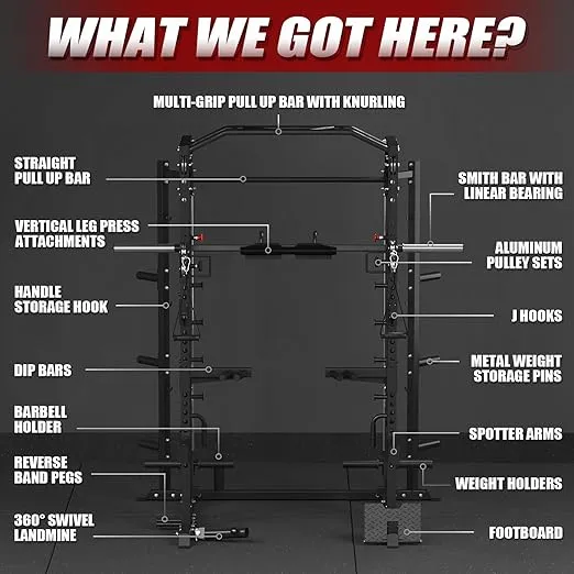 Mikolo Smith Machine, Power Cage with Functional Trainer and Vertical Leg Press Attachment, All-in-one Power Rack Squat Rack for Home Gym
