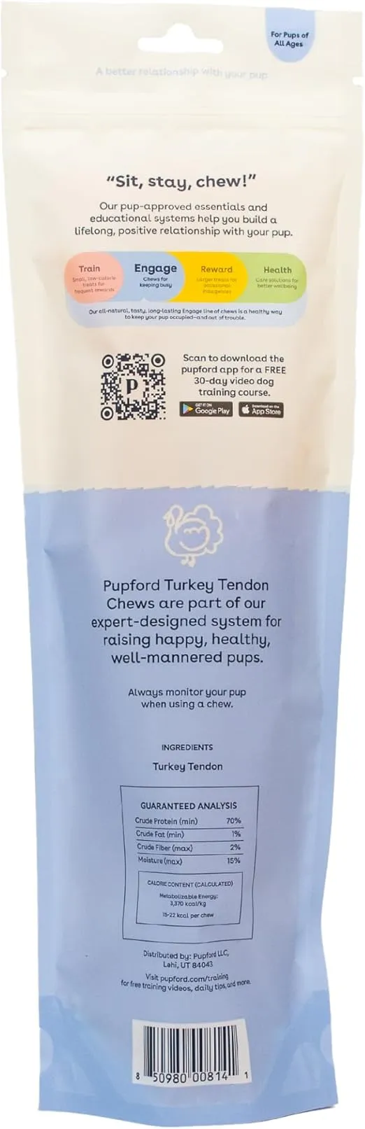 Pupford Turkey Tendon Dog Reward, High-Protein Chews for Healthy Teeth & Joints, Grain-Free, Made in The USA, Perfect for Training & Rewards, 100% Real Turkey, Delicious Chew, Pack of 10