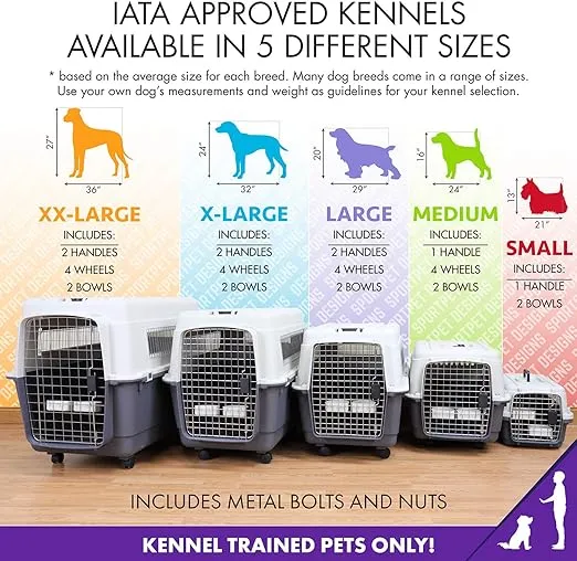 SportPet Designs Plastic Kennels Rolling Plastic Wire Door Travel Dog Crate- Large Kennel, Gray