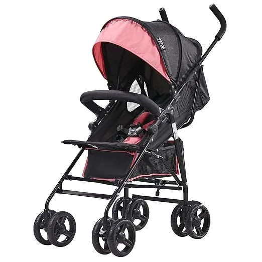 VEVOR Lightweight Stroller, Compact Easy Fold Multiposition Recline Canopy Backrest, Carbon Steel Frame, Large Storage Basket, Umbrella Toddler Baby Stroller for Travel and More, Black/Pink