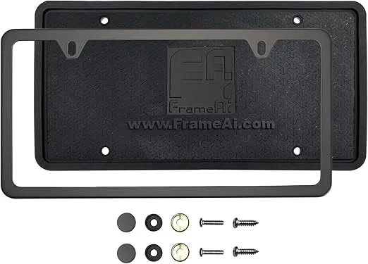 Silicone Back Guard Two Holes Slim License Plate Holder Matte Flat Black License Plate Frame T304 Stainless Steel + Metal Screw Caps