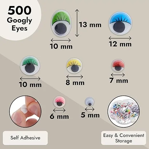500 Pack Googly Eyes Self Adhesive for Crafts, Multi Colors and Sizes, Sticker Wiggle Eyes for DIY (3 Designs, 7 Sizes) - Self Stick Googly Eyes - Googly Eye Sticker - Sticky Googly Eyes