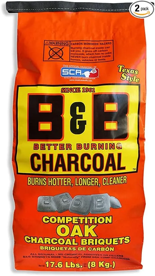B&B Charcoal Slow Burning Oak Charcoal Briquettes with All Natural Smoky Flavoring for Grills, Barbecues, and Pitmaster Competitions, 17.6 Pounds - Set of 2