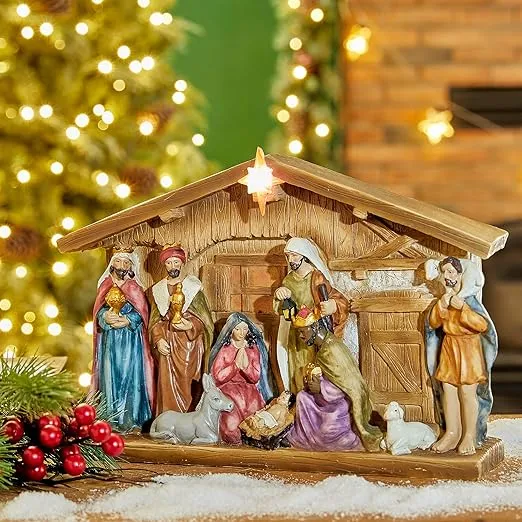 Glitzhome 12.5" Lighted Christmas Nativity Figurines Resin Nativity Stable Scene Holy Family Collectable Décor, Xmas Nativity Sets Scene Xmas Indoor Manger Tabletop Figure Ornaments Miniatures Statue