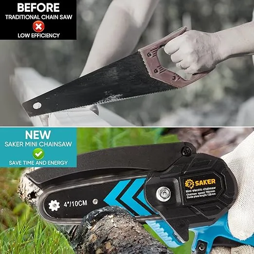 Saker Mini Chainsaw,Portable Electric Cordless Chainsaw,Battery Powered,Small Power Handheld Chain Saws Pruning Shears for Tree Branches,Courtyard and Garden,(2PCS 20VBatteries&3 PCS Chains Blue)